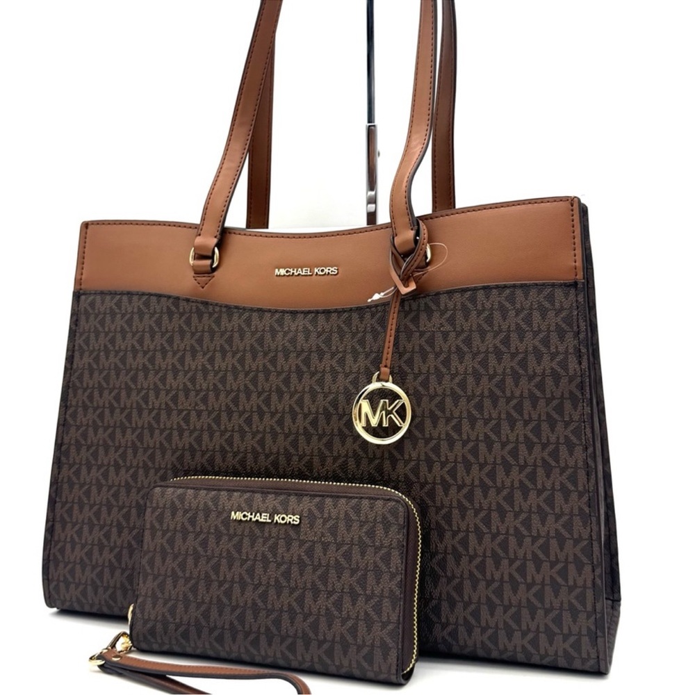 Michael Kors Jet Set Large Signature Logo Tote Bag & Flat Phone Case Wallet Set